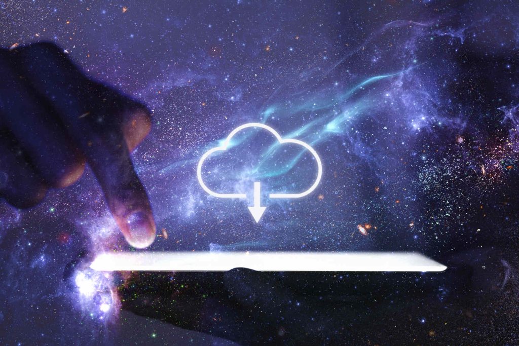 Cloud network hand using phone technology remix galaxy